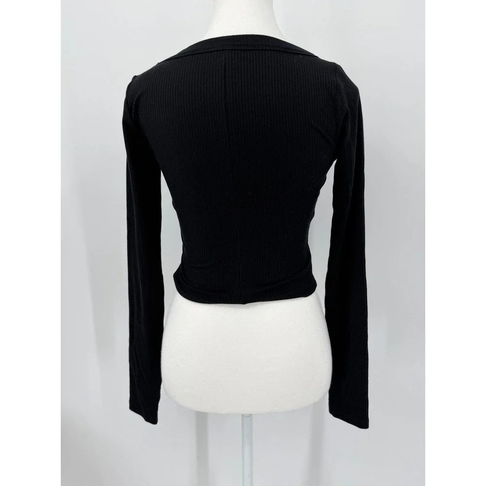 Reformation Black Ribbed Long Sleeve Scoop Neck Cropped Top Size S Small USA